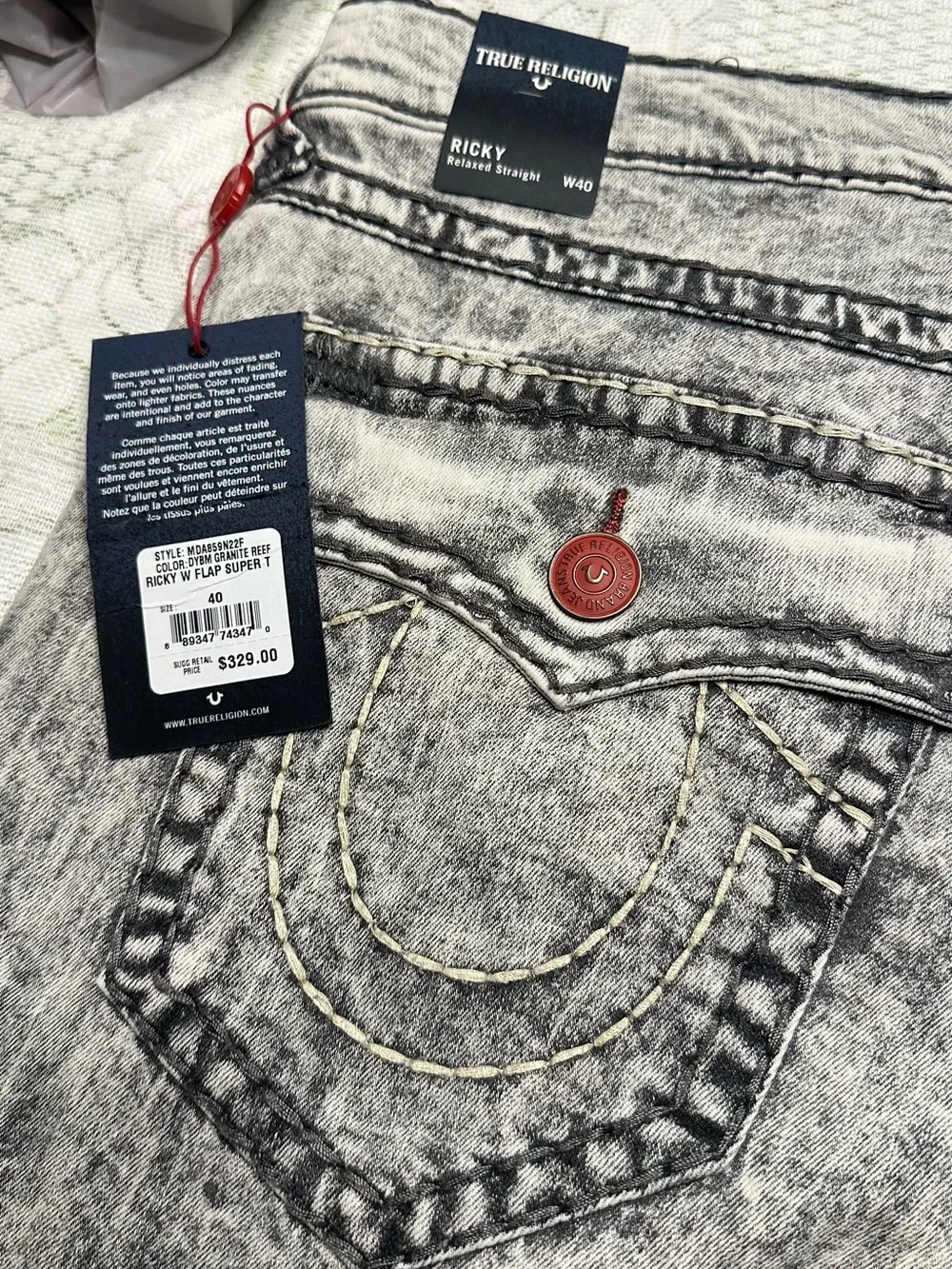 True Religion Women’s Straight Leg Jeans - Light Acid Wash Gray with Red Accents